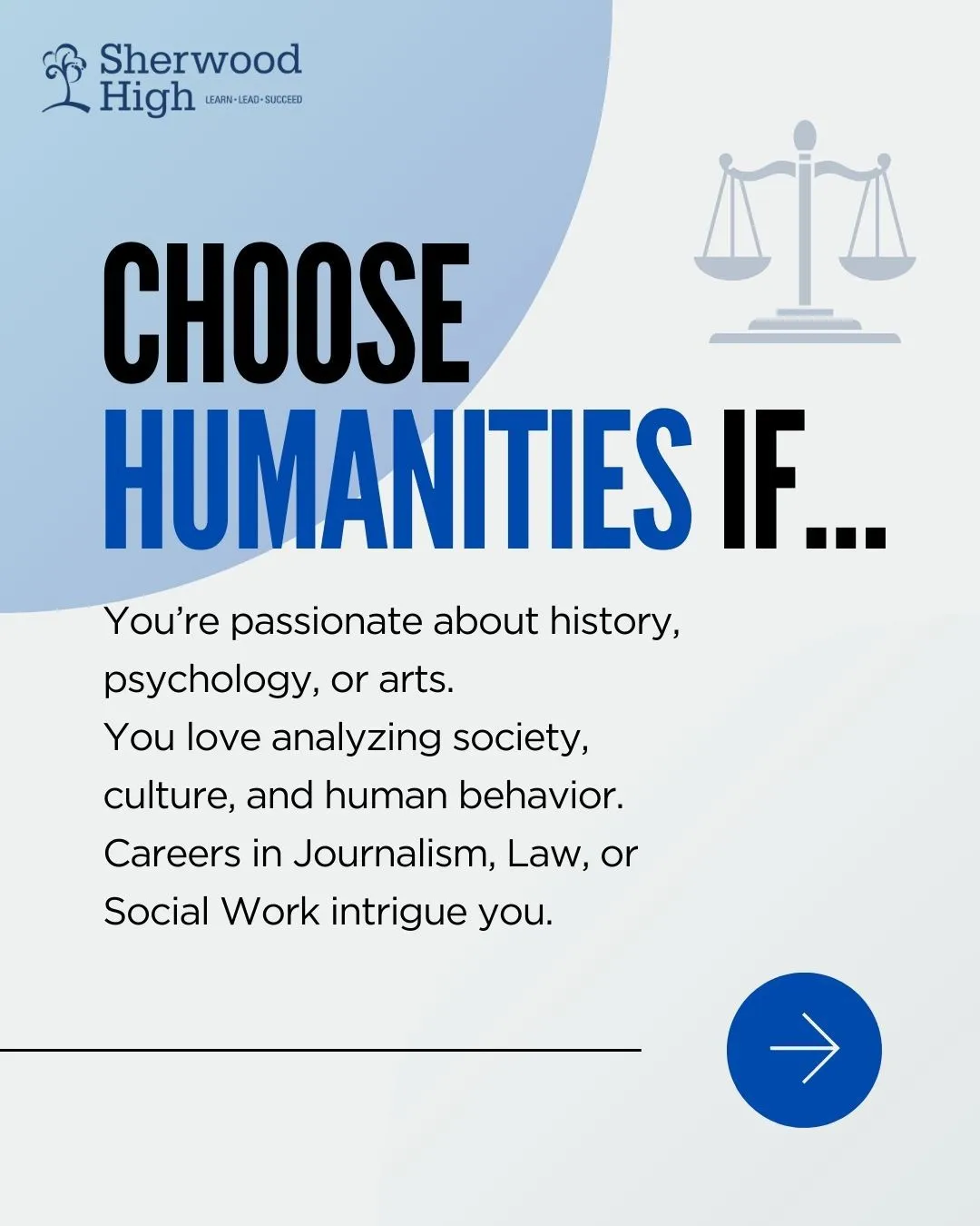 Sherwood High ISC Humanities stream poster highlighting career paths in Journalism, Law, and Social Work.