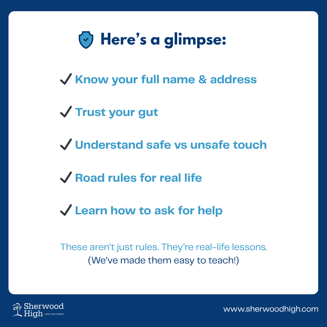 Minimalist design showcasing a list of important safety topics for children with checkmarks beside each point.