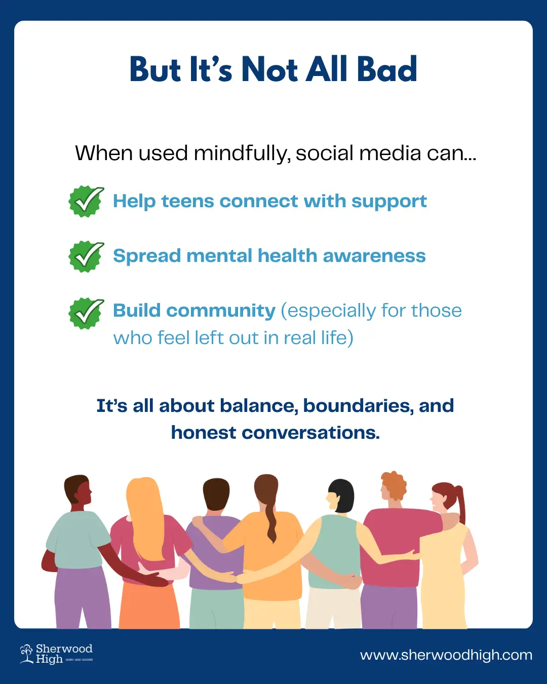 Positive aspects of social media use in teens shown in an infographic, such as connecting with support, spreading mental health awareness, and building community.