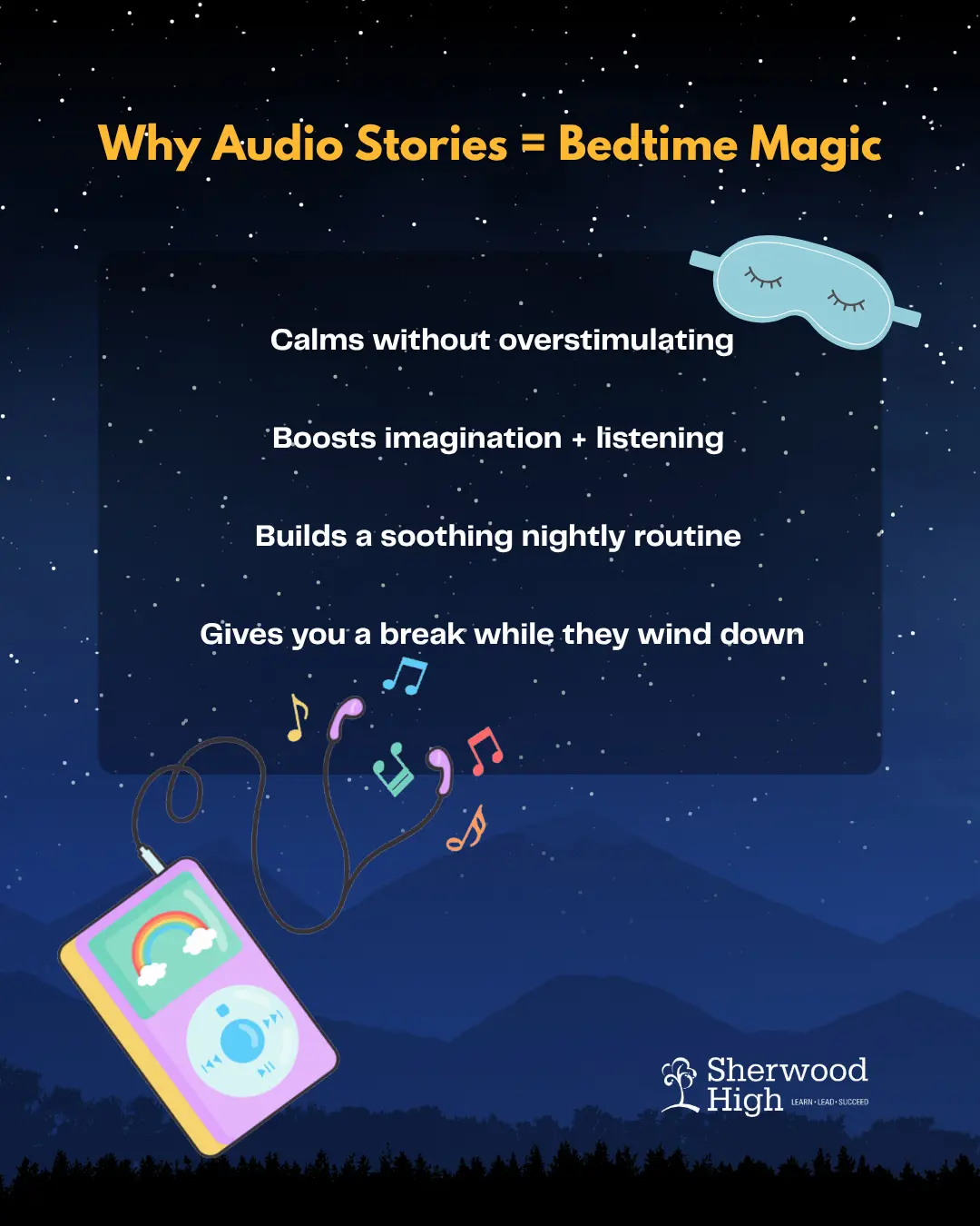 Illustration of a night sky with stars, a sleep mask, and a colorful MP3 player with earbuds and music notes. The text explains the benefits of audio stories for bedtime