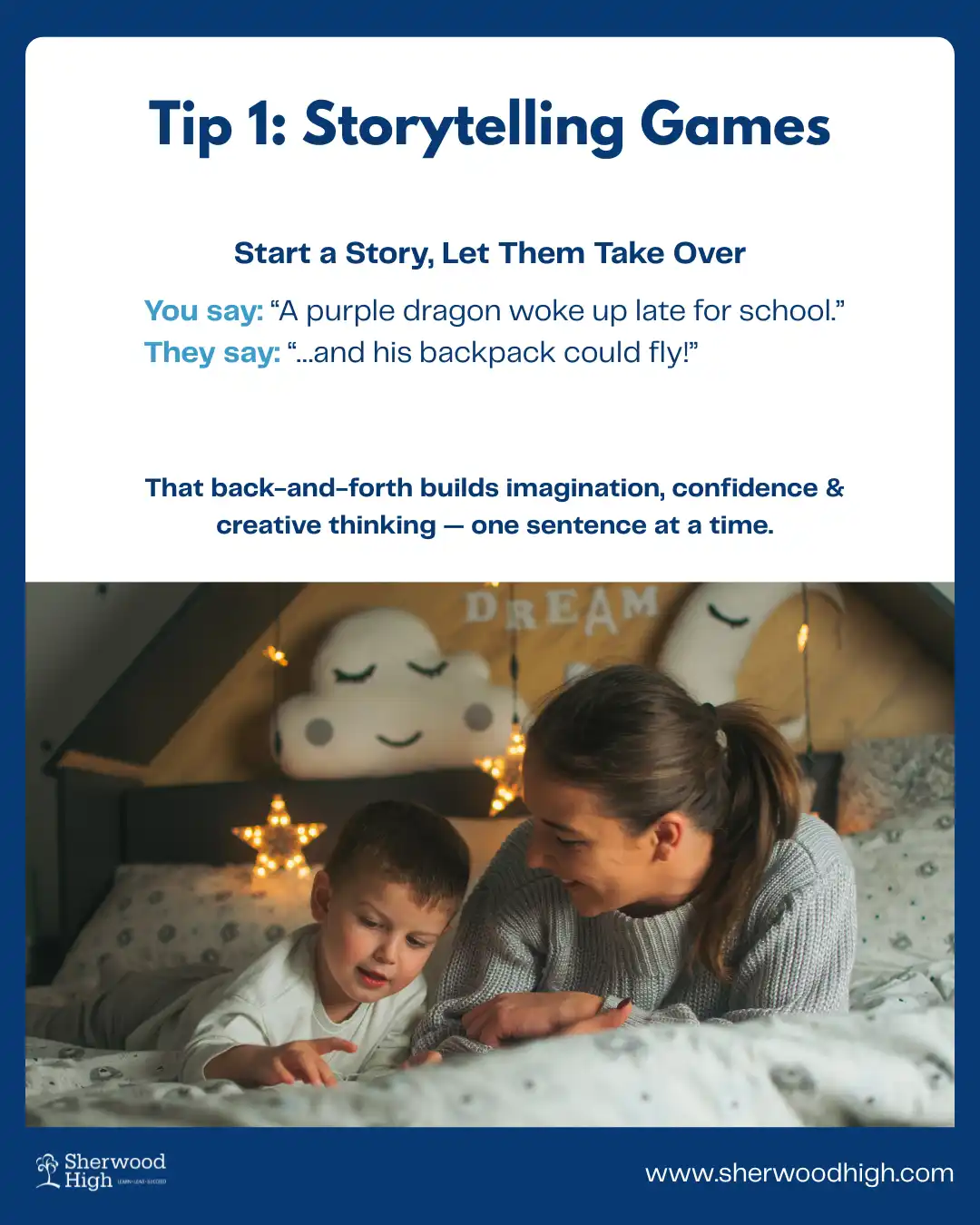A young child and a parent lie on a cozy bed under star-shaped lights, smiling and enjoying a bedtime storytelling session that encourages creative thinking