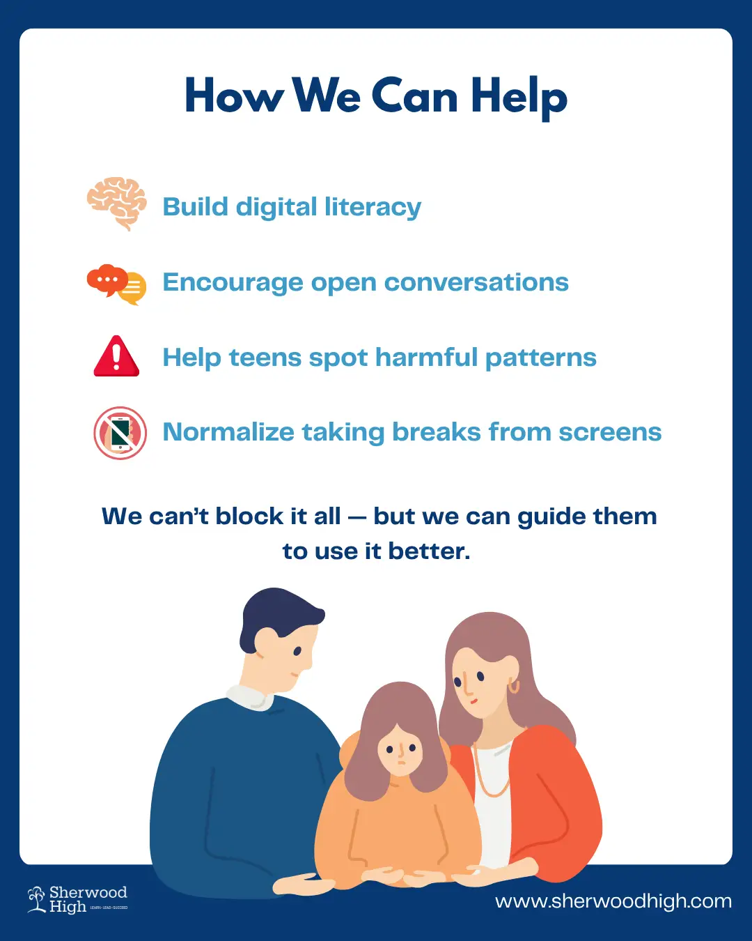 Infographic outlining how parents and educators can help teens use social media mindfully—building digital literacy, encouraging conversations, spotting harmful patterns, and promoting screen breaks.