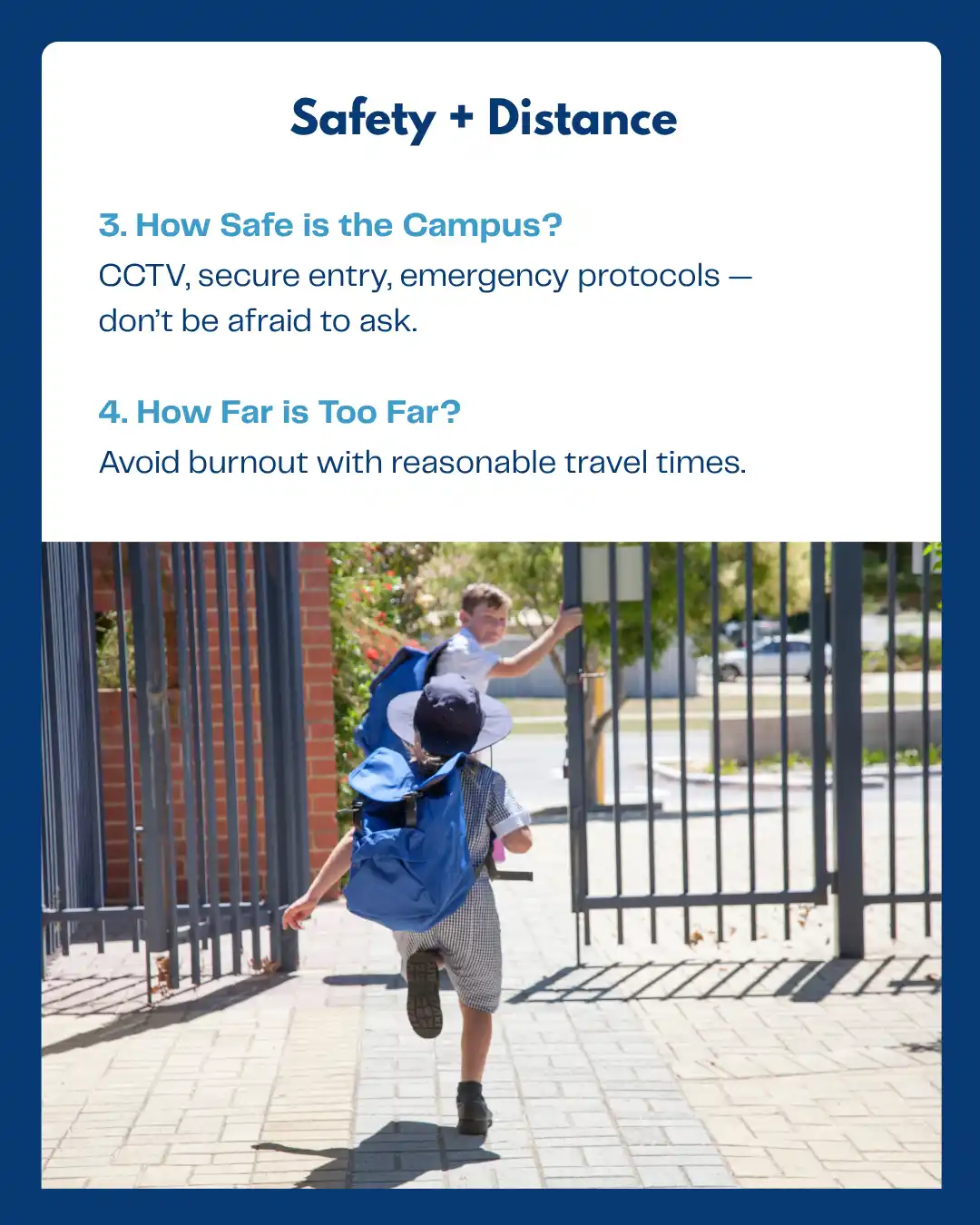 Two children in uniforms with backpacks happily running towards the school gate, symbolizing Sherwood High ICSE school’s safe campus environment, secure school infrastructure