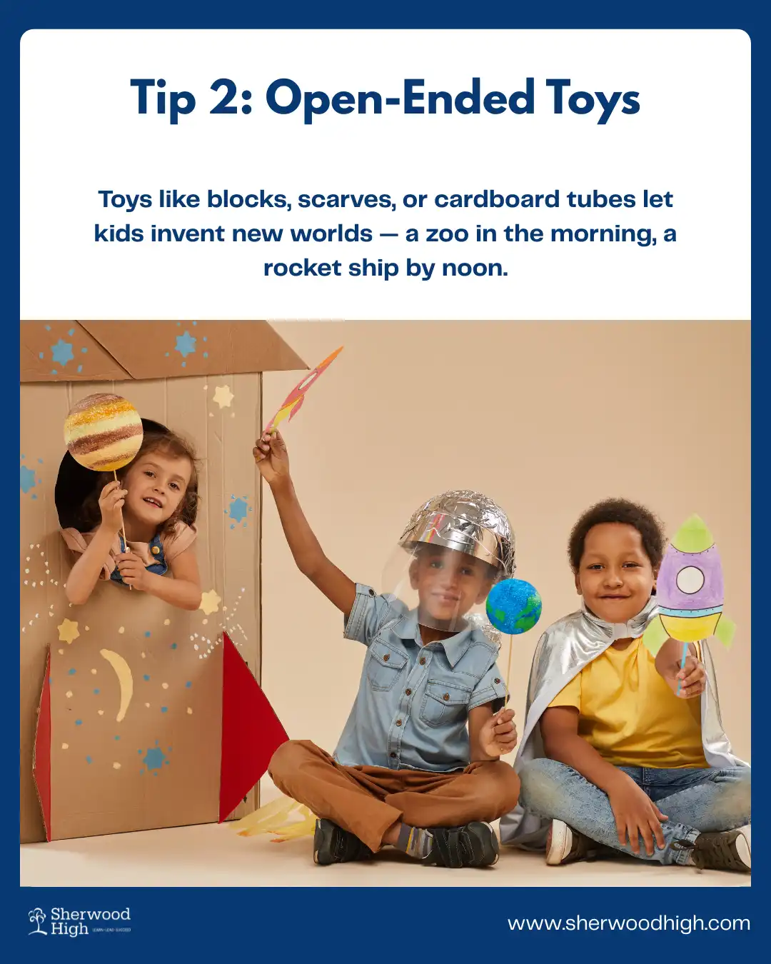 Three children dressed as astronauts and aliens play inside a cardboard rocket ship, using handmade props in a screen-free activity to boost imagination