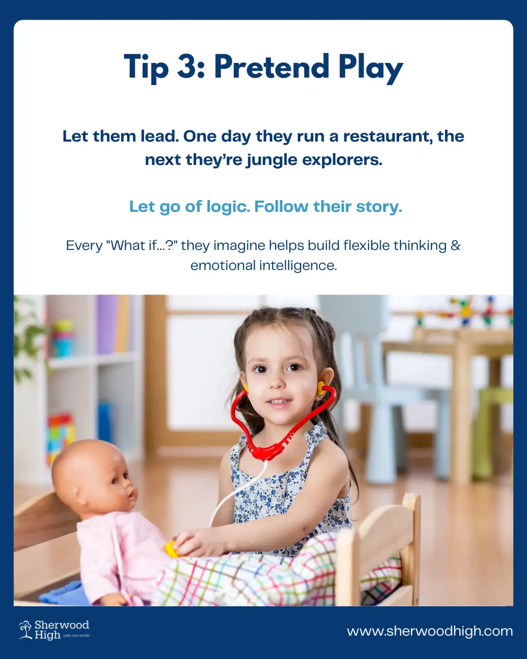 A little girl wearing a toy stethoscope pretends to be a doctor while playing with a doll in a colorful playroom, enhancing her imagination through pretend play.
