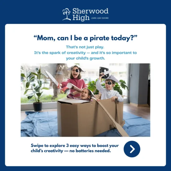 Children dressed as pirates play with cardboard props and a telescope, engaging in a creative indoor activity that stimulates imagination and artistic expression.