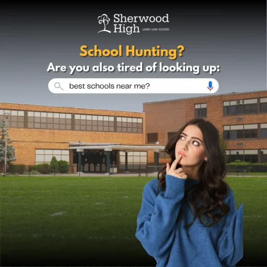 A woman thoughtfully looking up while standing in front of a modern school building, representing the search for the best schools near me, including options like Sherwood High ICSE school, known for its school infrastructure, accreditations and certifications, and positive reputation and alumni outcomes.