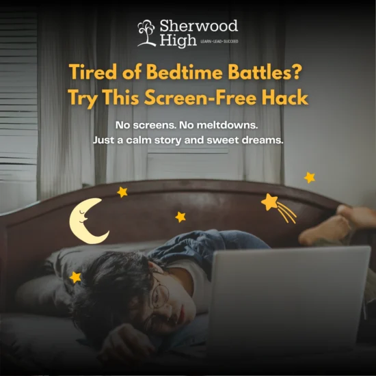 Child lying on a bed looking tired with an open laptop, surrounded by cartoon stars and a moon, promoting screen-free bedtime routines with audio stories for better sleep