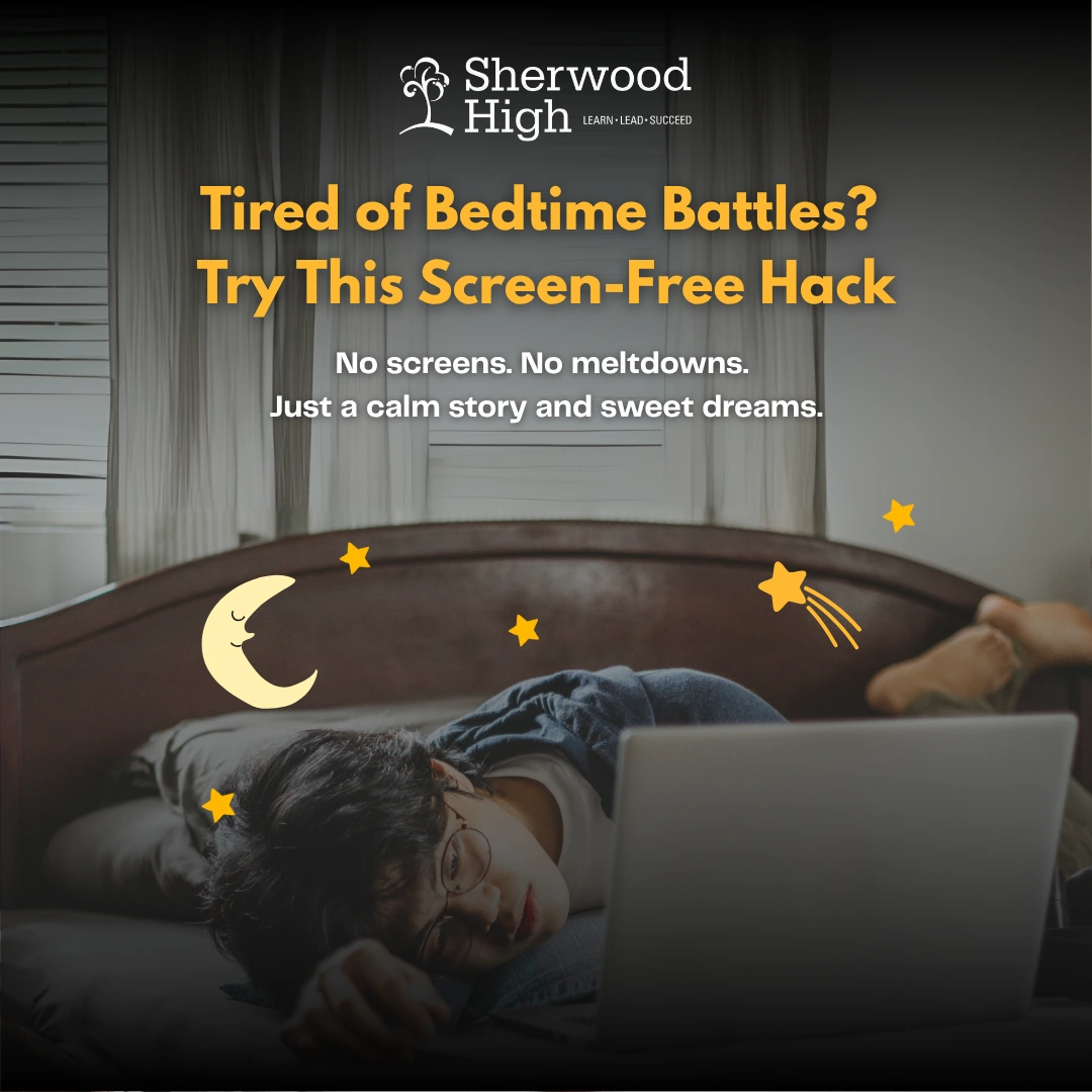 Child lying on a bed looking tired with an open laptop, surrounded by cartoon stars and a moon, promoting screen-free bedtime routines with audio stories for better sleep